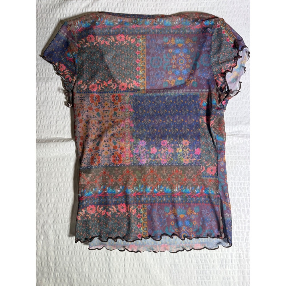 Natural Life Patchwork Floral Mesh Top Square Neck Lettuce Edge Purple M